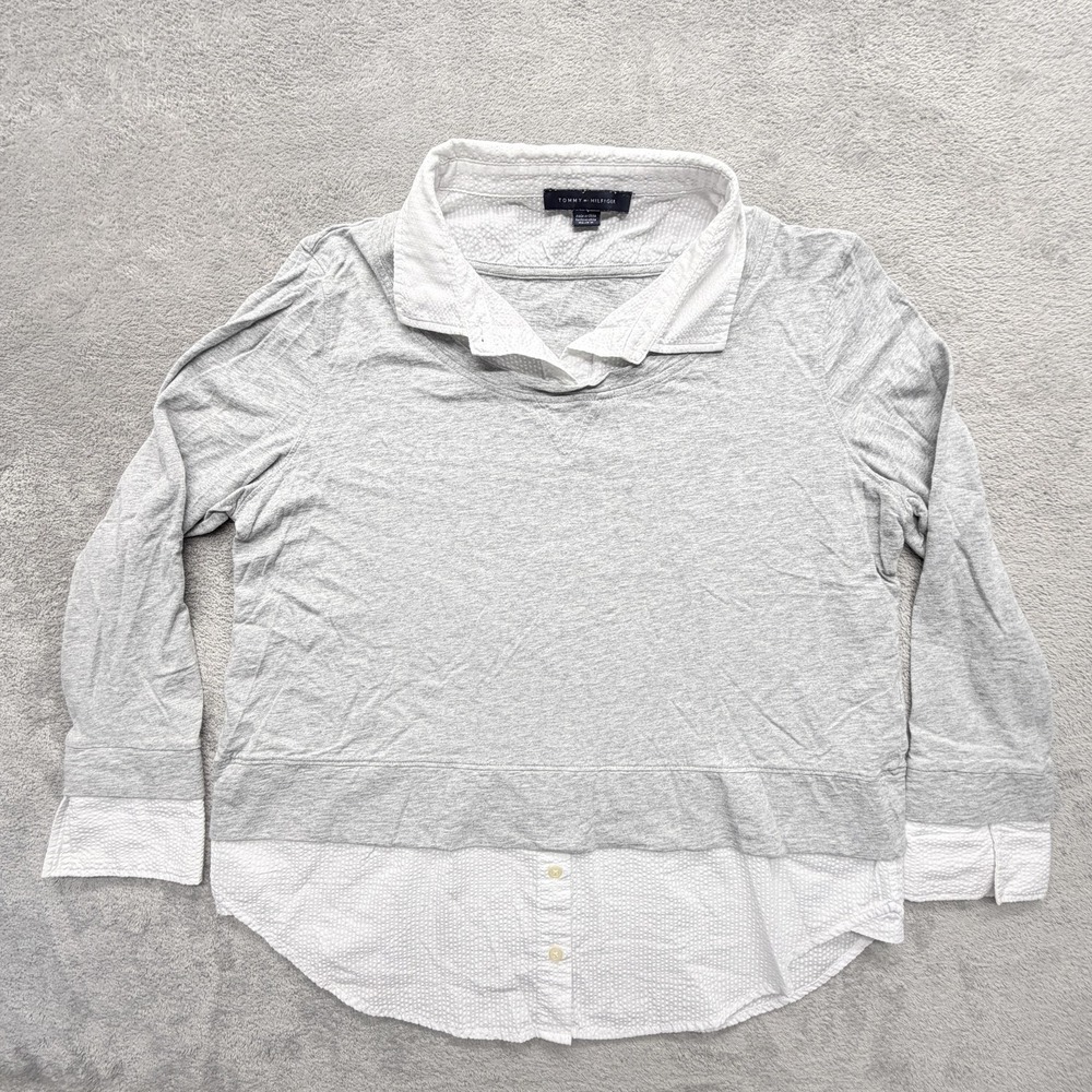 Tommy Hilfiger Shirt Womens XL Gray Layered Collared Button Cuff Lightweight
